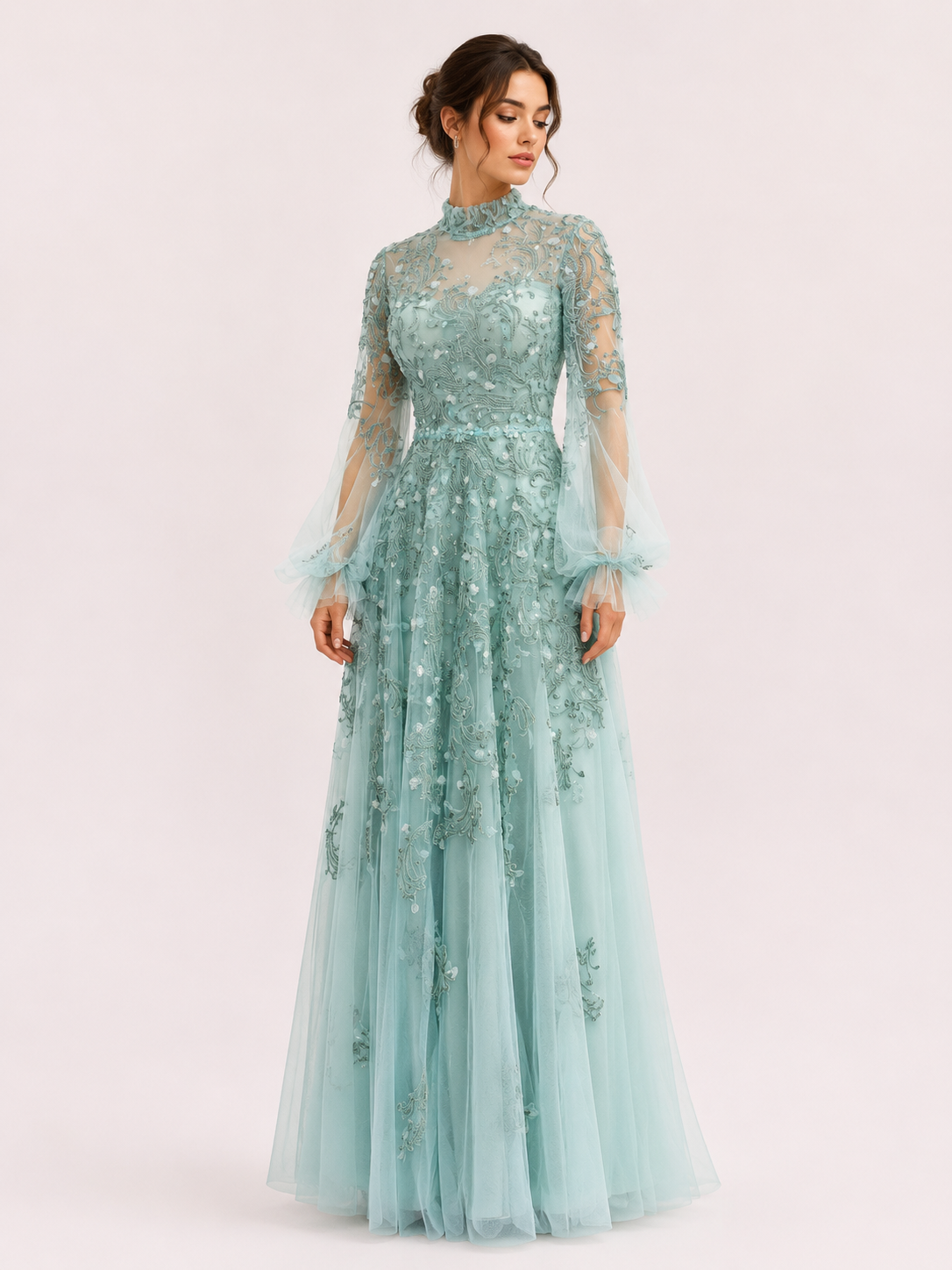 Tulle High-Neck Embroidered Gown